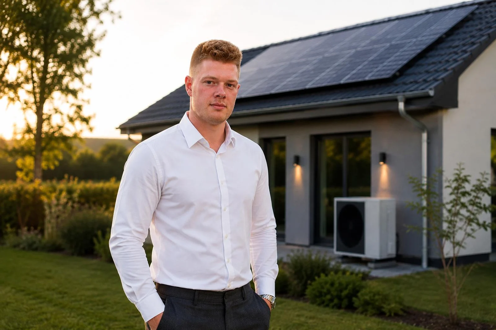 Lukas Machwirth vor einem Haus mit Photovoltaik und Wärmepumpe