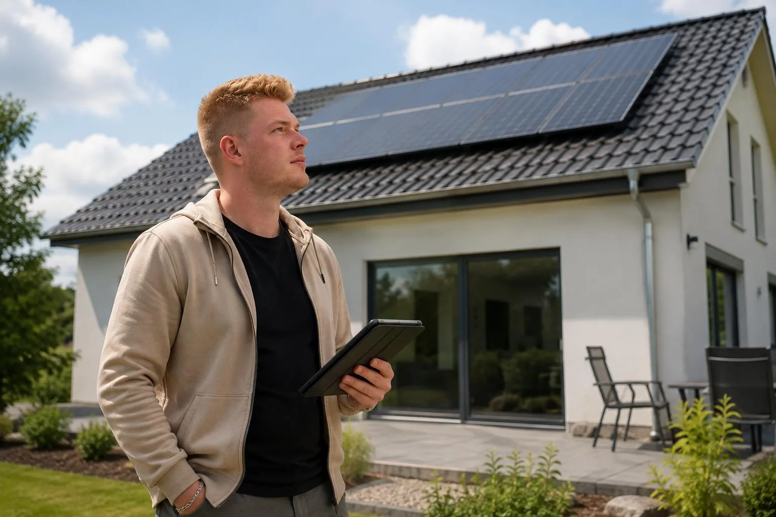 Lukas Machwirth vor einem Haus mit Photovoltaikanlage auf dem Dach